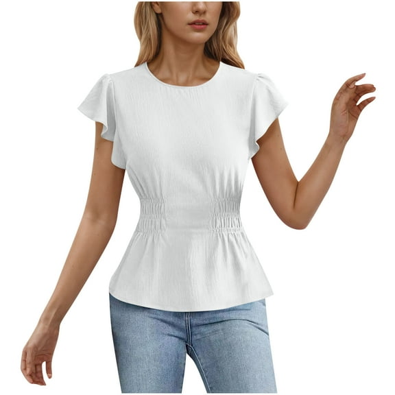 Annhoo Blouses for Women Dressy Casual Business Ruffle Short Sleeve Tops Summer Crew Neck Peplum Smocked Shirts