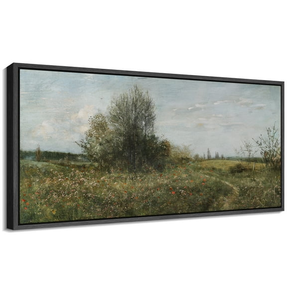 Large Framed Canvas Print Scenic Countryside View with Wildflowers and TreesWall Art Decorative Ready to Hang Painting for Living room Bedroom 60x30 inches Black Frame