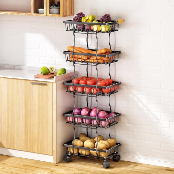 Fruit Basket Kitchen Pantry Organizers and Storage - 5 Tier Stackable Metal Wire Basket Stand for Fruit Vegetable Snacks Jars Bins Containers Organization, Black