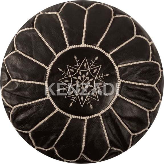 KENZADI Genuine Leather Pouf Stuffed Handmade Stitched in Marrakech by Moroccan Artisans (Dark Brown) (Black by White)