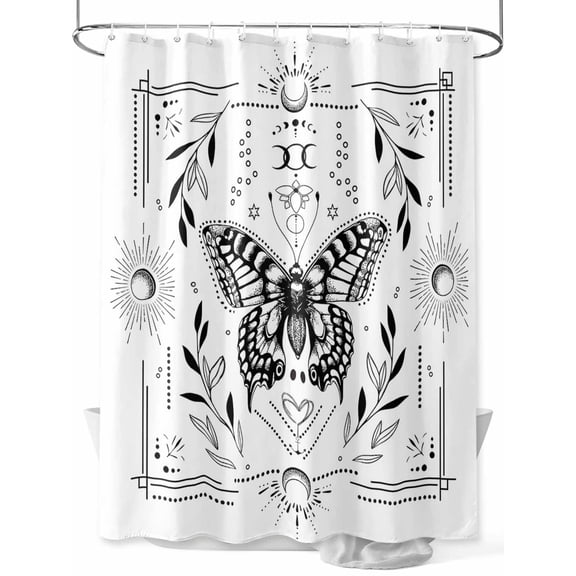 Black and Shower Curtain, White Frame Butterfly Sun Moon Waterproof Shower Curtain Set with 12 Hooks Lightweight Washable Fabric Shower Curtains for Bathroom 72x78 Inches