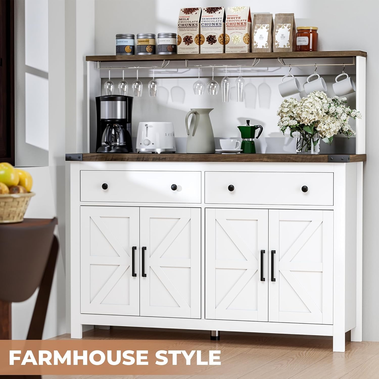 HAUXITIO Storage Cabinet Buffet with Drawers and Charging Station,Coffee Bar Cabinet Sideboard with Barn Doors,Wine Rack and Hooks,White1