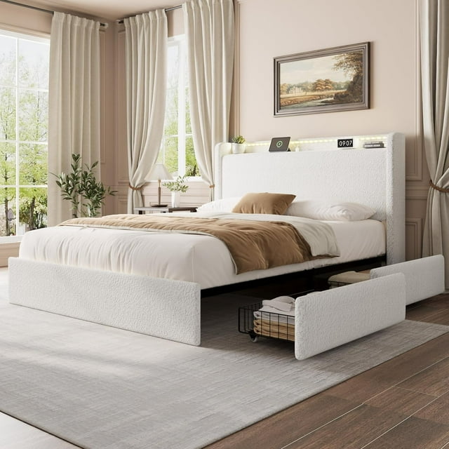 CABIHOME Bed Frame, Upholstered Platform Bed with LED Light, 4 Storage Drawers, Storage Headboard and Charging Station, No Box Spring Needed, Easy Assembly