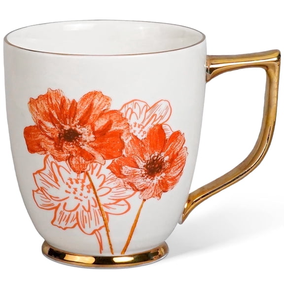 15oz Ceramic Coffee Mug with Gold Handle - Vintage Orange Persian Daisy Flower Porcelain Tea Cup - Lead-Free Dishwasher Safe Birthday Gift - White & Orange