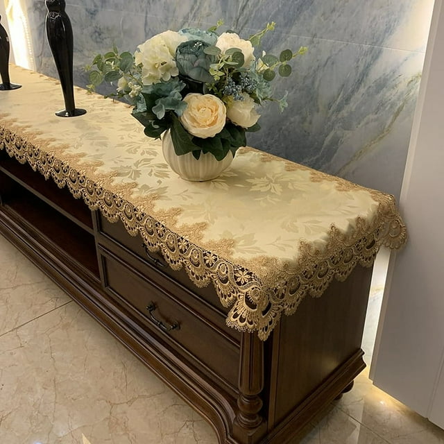 CHUANK Rectangular Lace Table Runner Doilies Table Dresser Scarf Table Cover for TV Cabinet Dining Room Wedding Holiday Party Table Decor
