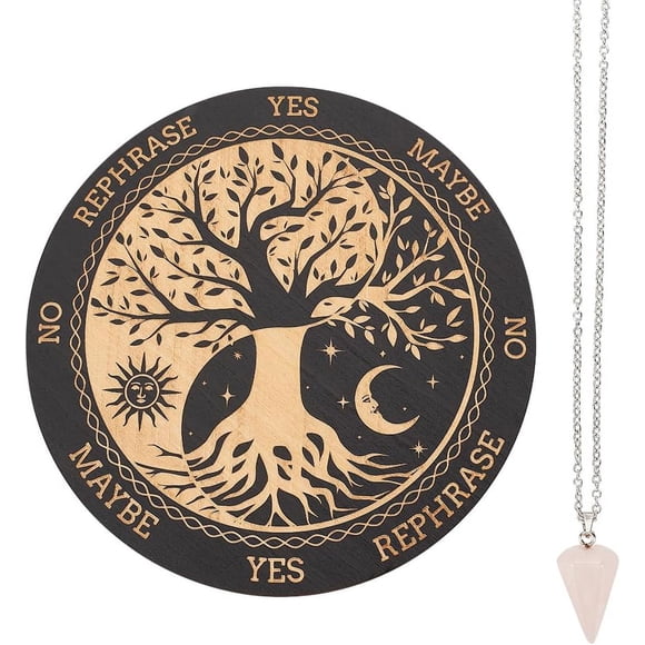 INFUNLY Witch Pendulum Board Tree of Life Round Wooden Divination Board 7.9" Sun Moon Metaphysical Message Board with Crystal Necklace Witchcraft Wicca Altar Supplies Kit