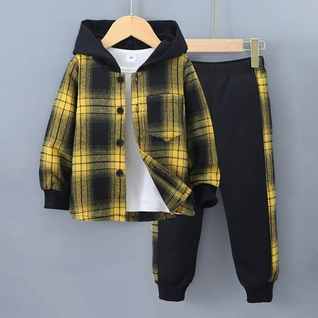 Hpapadks Baby Girl Outfit Short Sleeve Plaid Prints Button Down Hooded Shirt Coat Pant 2 Piece Set Kids Clothes Yellow 4-5 Years