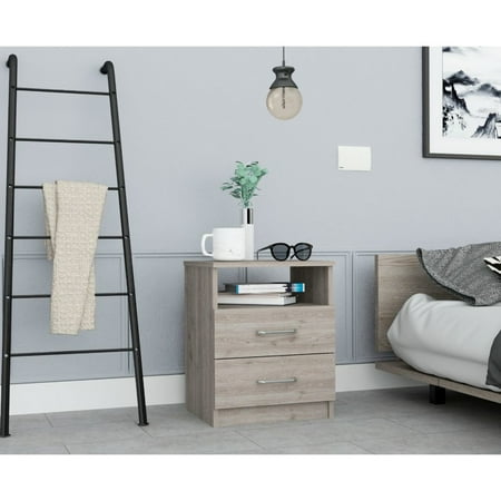 Gray Side Table With Metal Handles - Two Drawers And A Shelf For Modern Look Space Saving Organization