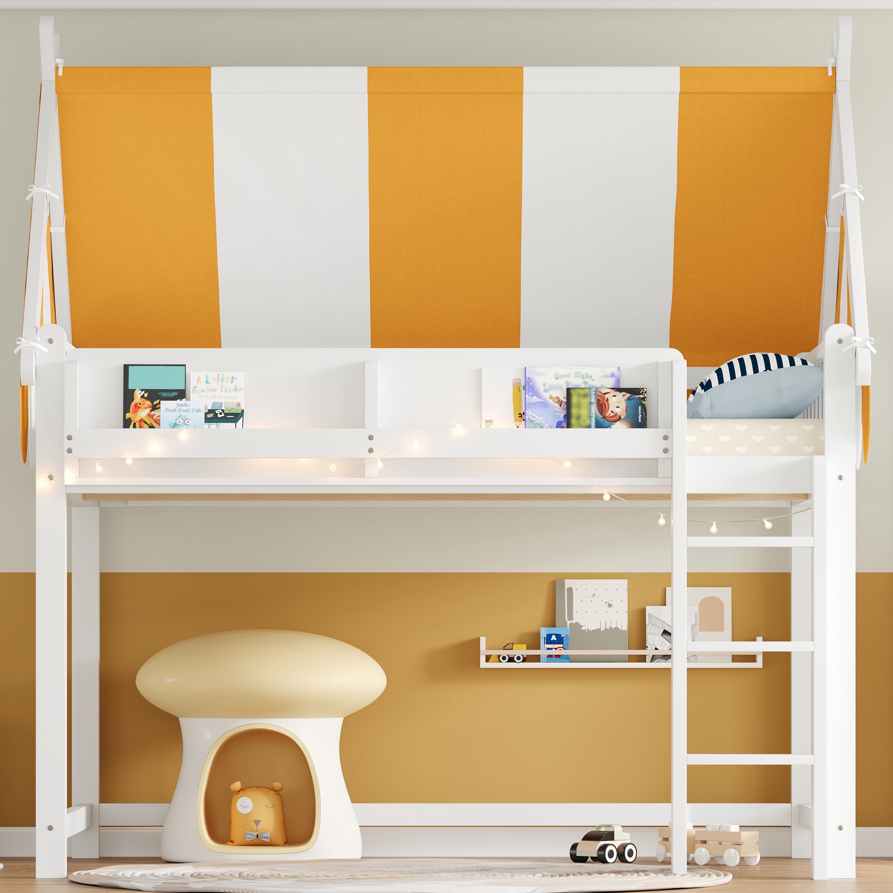Euroco Wood Full Size Loft Bed with Shelves, House Canopy Bed with LED Light, White