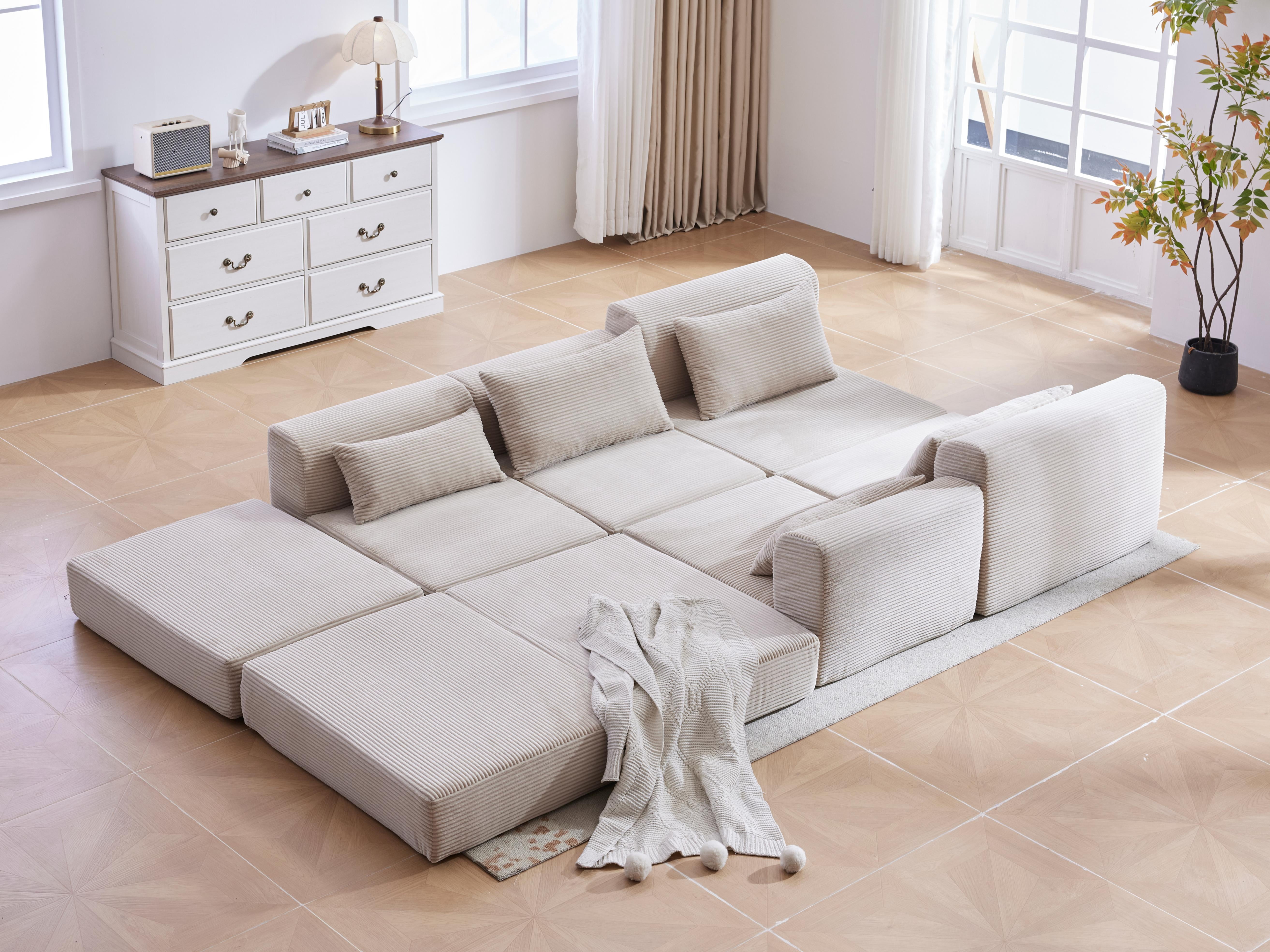 100-Inch L-Shaped Modular Sectional Sofa Couch Set with 5 Pillows, Corduroy Convertible Floor Sofa with High-Density Spring Foam for Living Room Apartment, Camel