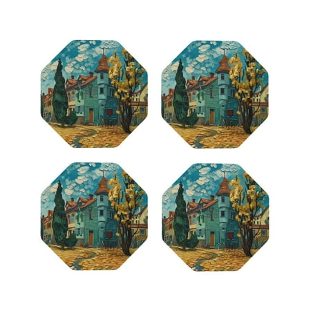 

Fuzoiu Impressionist Village Sky Print Leather Coasters Set Drink Coasters Set of 4 for Tabletop Protection Durable PVC Coasters Home Décor and Housewarming Gift-Octagon
