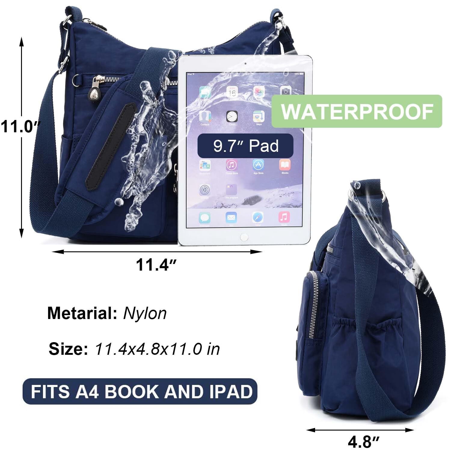 AOUNQ Crossbody Bags for Women Waterproof Hobo Purse Handbag Multi-Pocket Shoulder Bag Nylon Travel Messenger Bag,Blue