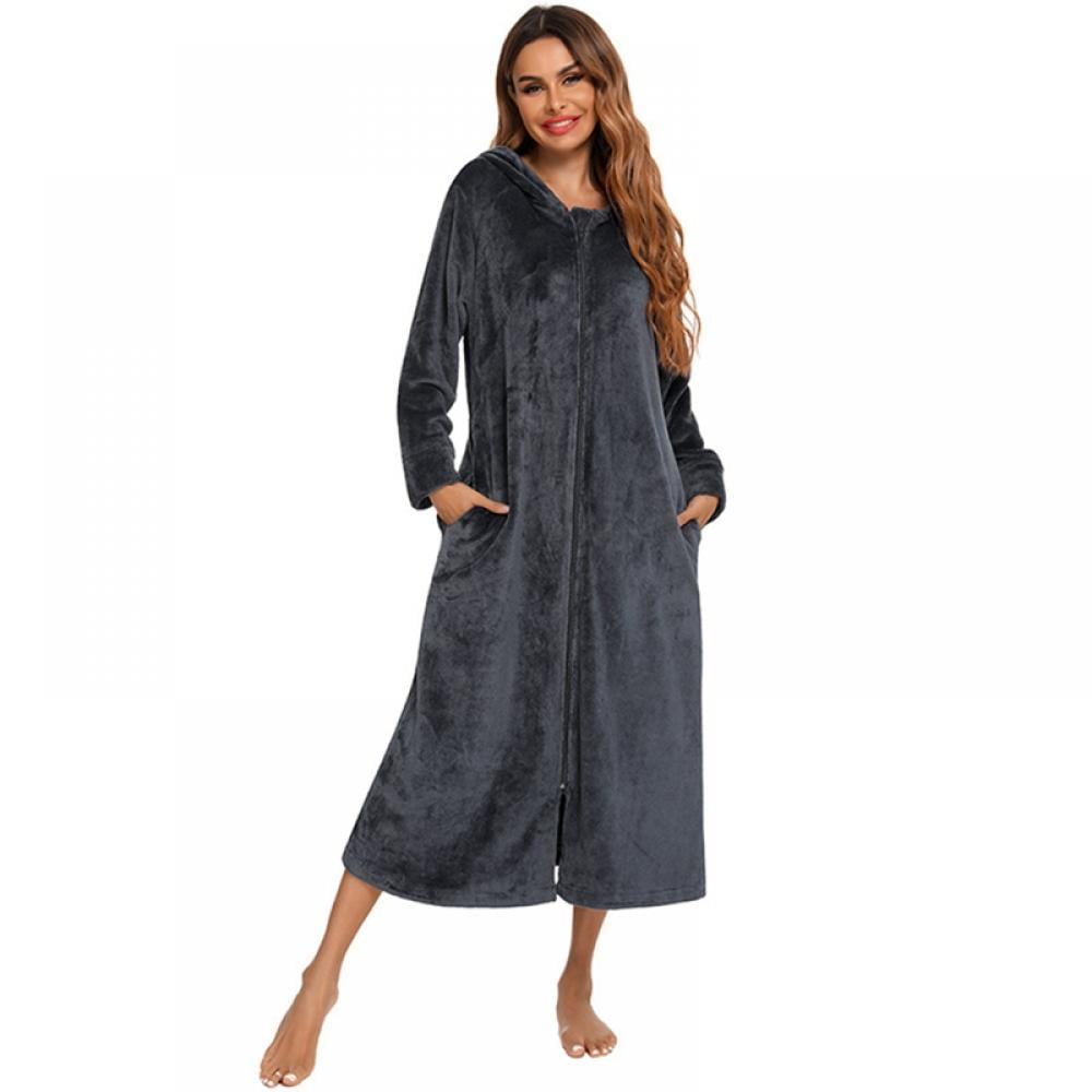 Womens Fleece Robe Plush Long Zip Front Bathrobe with Pockets Warm Soft