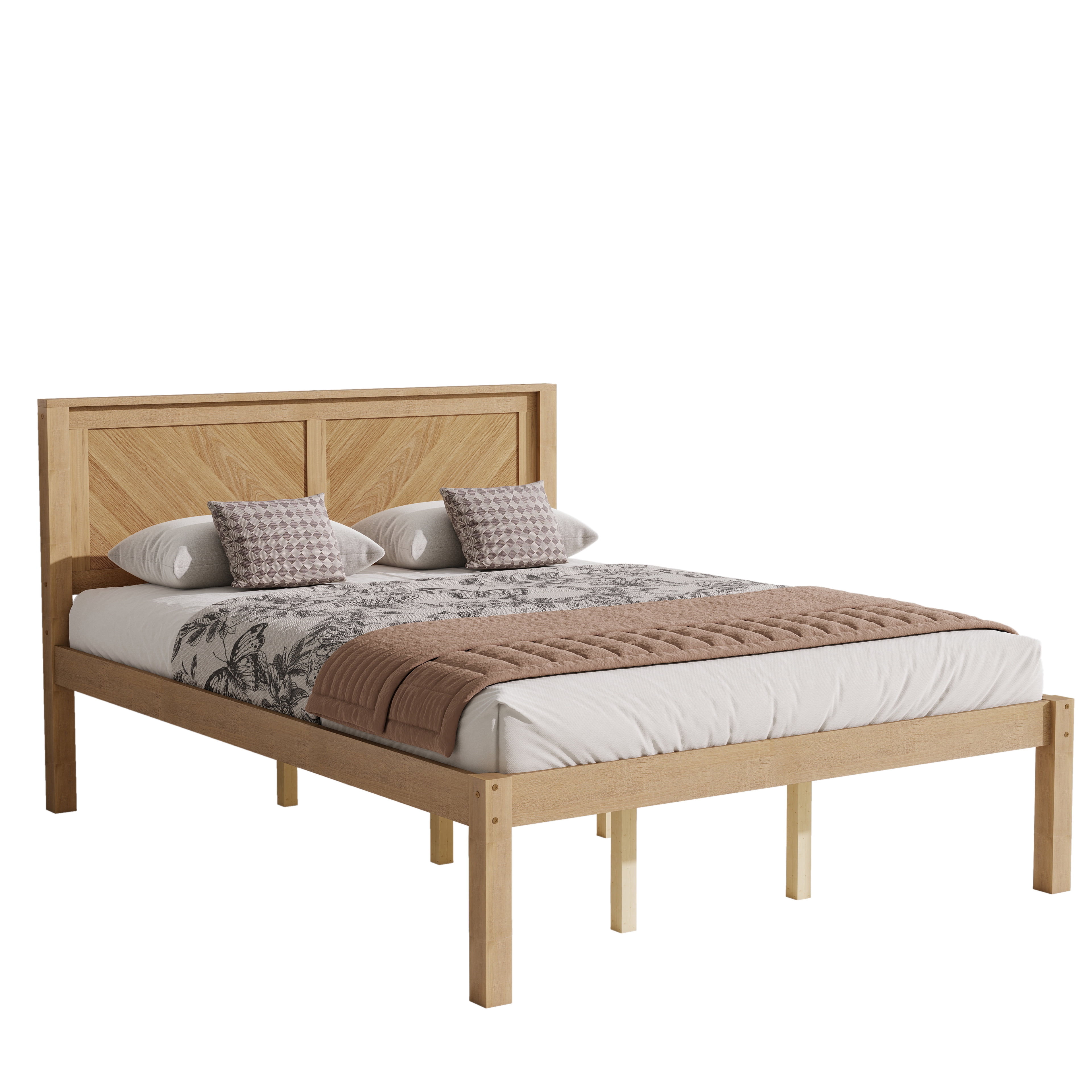 Queen Bed Frame with Herringbone Wood Headboard, Solid Wood Platform Bed and Mattress Foundation with Under-Bed Storage for Bedroom, Natural Oak
