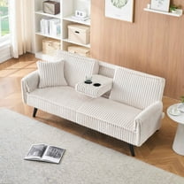 Futon Sofa Bed Corduroy Convertible Sofa Bed Upholstered Folding Sofa Bed with Pillows,2 Cup Holders,White