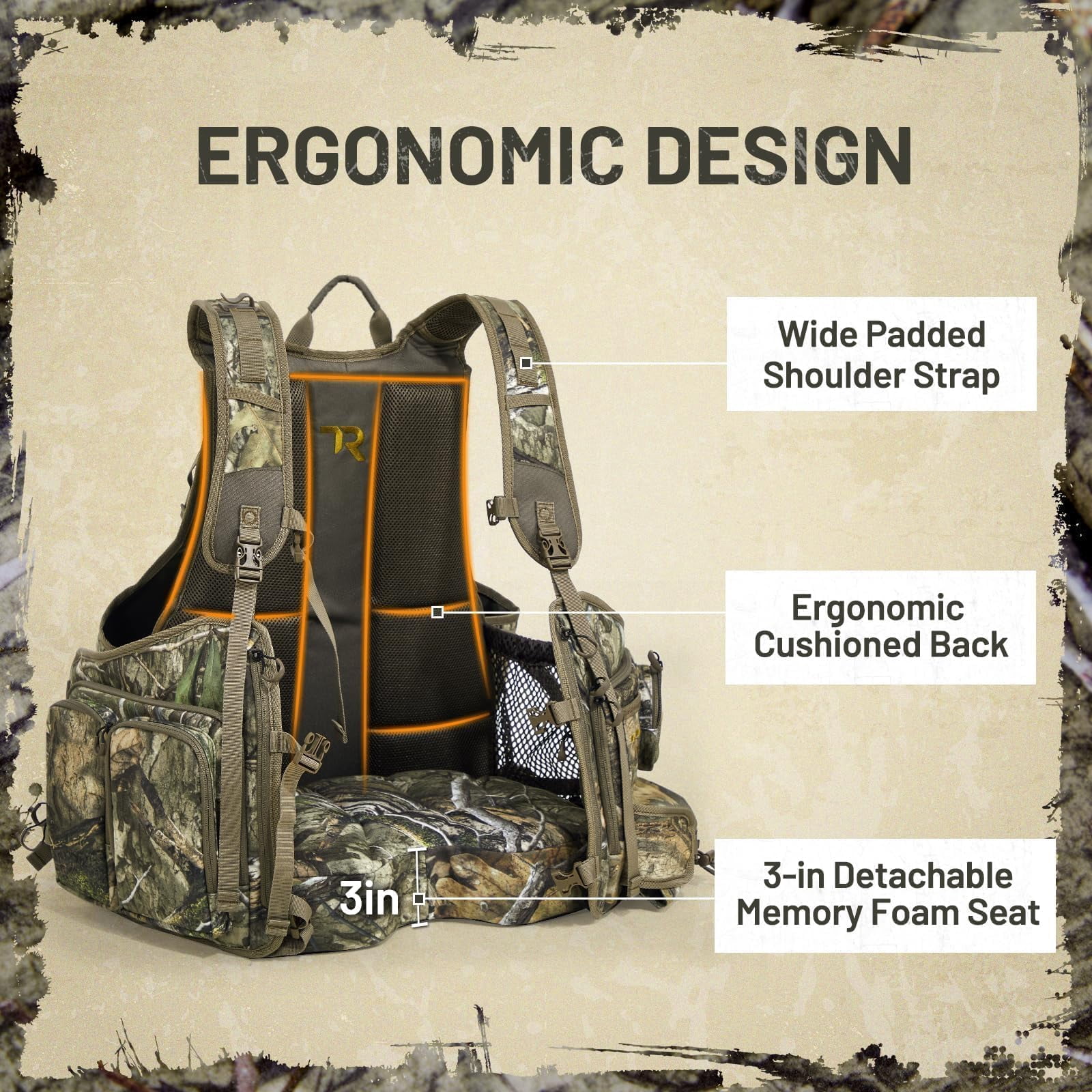 TR Turkey Vest with Seat,Turkey Hunting Vest Lightweight Run & Gun with Game Pouch, Multi-Pocket Hunting Vest with Thick Seat, for Mobile Hunters Men Women Camo