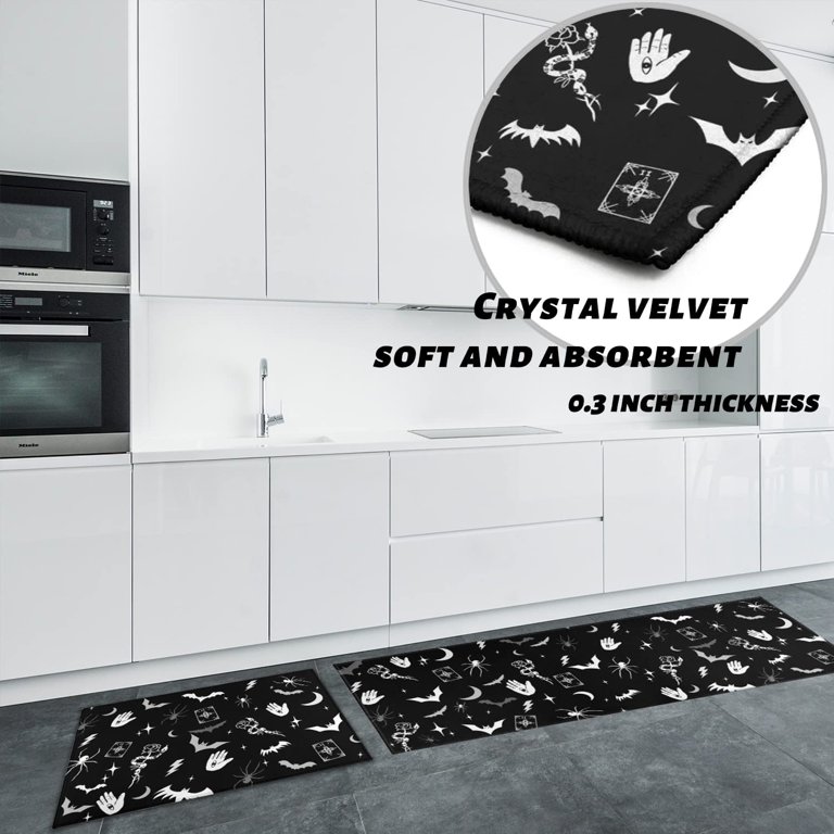 Culturalnav Kitchen Mat Set of 2 Non Slip Halloween Kitchen Runner Rug Black  Goth Skull Floor Mat for Home Kitchen Decor-17*30 + 17*47 inches 