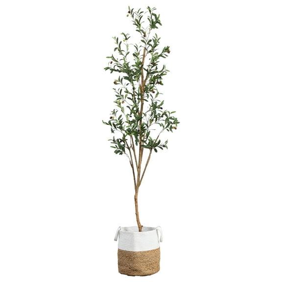 Nearly Natural 7ft. Artificial Olive Tree with Natural Trunk and Handmade Jute Basket