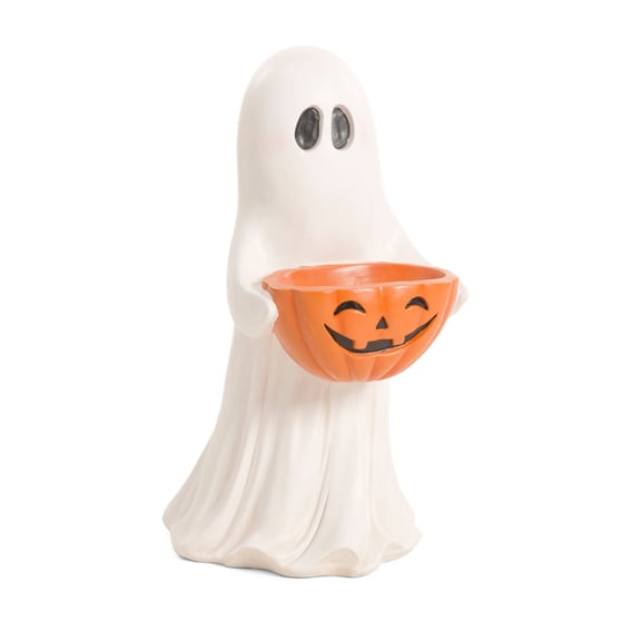 11.8 Inch Outdoor Safe Ghost Figurine with Pumpkin Candy Bowl, Halloween Ghost Statue for Front Porch Yard, Ghost Decorations for Indoor Use with Smiling Face