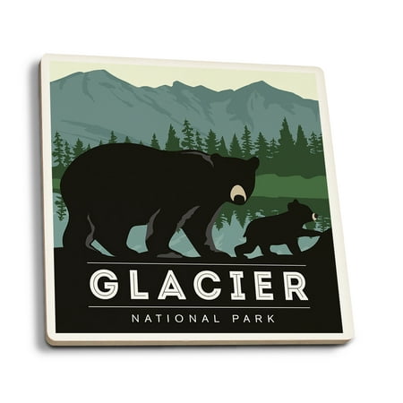 

Glacier National Park Black Bear and Cub (Absorbent Ceramic Coasters Set of 4 Matching Images Cork Back Kitchen Table Decor)