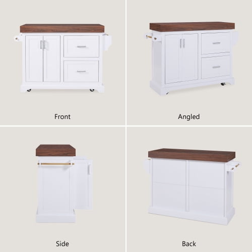 53" Large Kitchen Island with 3.5" Thick Desktop, Rolling Kitchen Cart with 5 Wheels, 2 Extra-Large Drawers & Cabinet, Spice Rack, Towel Rack, for Home, Kitchen, Dining Room, White