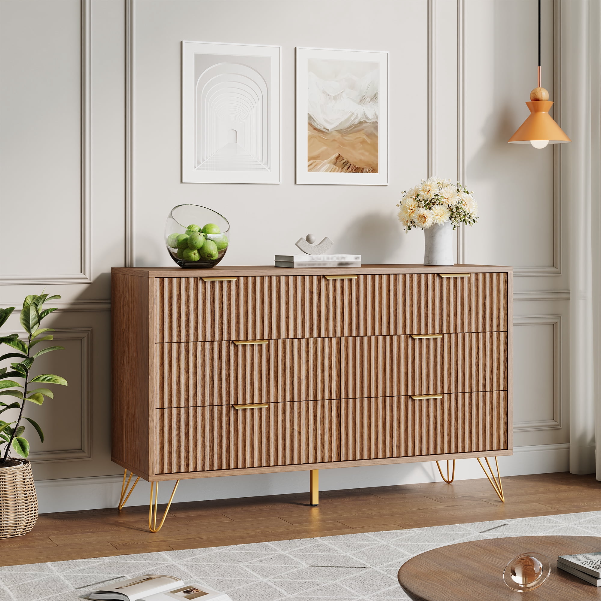 YouTrend 7 Drawer Dresser with Fluted Wood and Metal Handles Legs for Bedroom Living Room Hallway