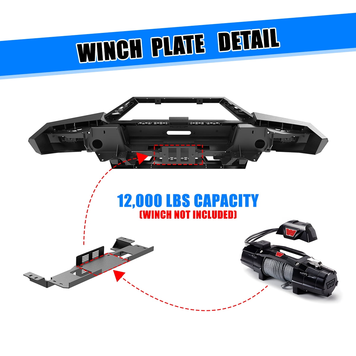 Front Bumper for 2025 Ram 1500,Heavy Duty Steel Full Width Front Bumper with Side Wings A & Bull Bar A & Winch Plate