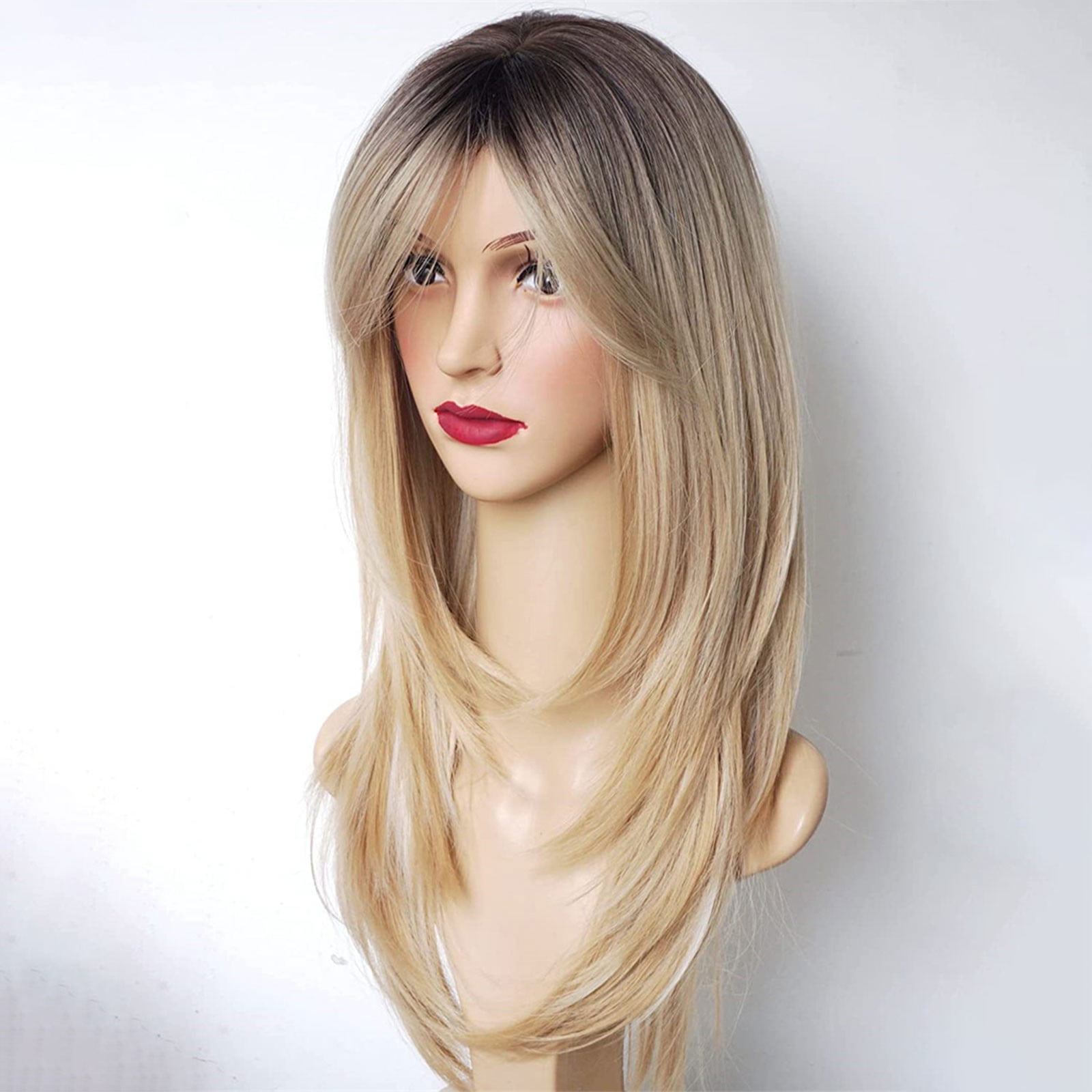 Cptfadh European And American Intellectual Wig Golden Color Mixed Color Headgear Eight Character Bangs Medium Long Texture Straight Hair Wig