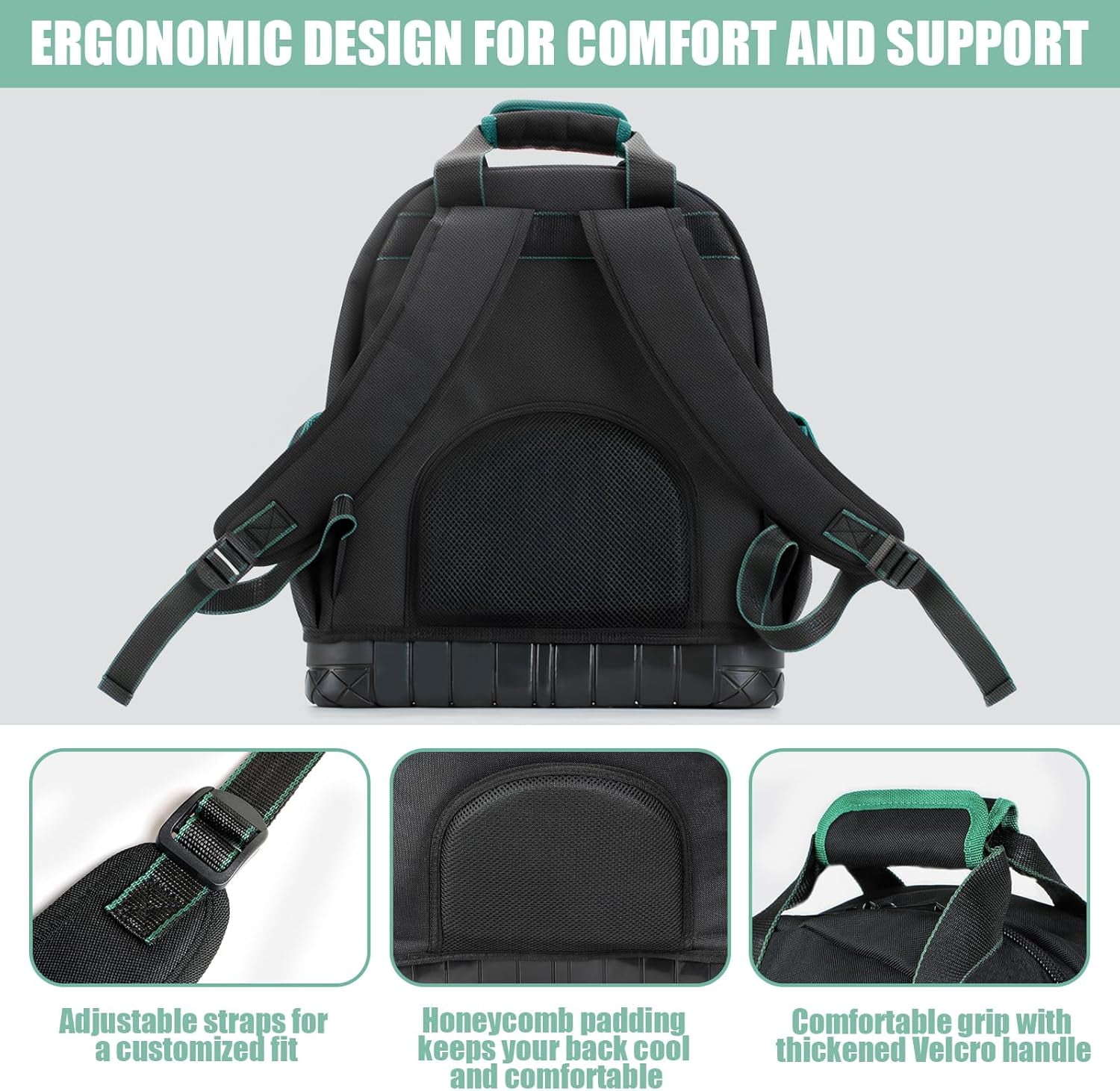 Tool Backpack Heavy Duty with Hard Bottom, Tool Backpack for Men, Electrician Bag, 15 Pockets, Waterproof Construction Backpack for HVAC, Mechanics, and Jobsite