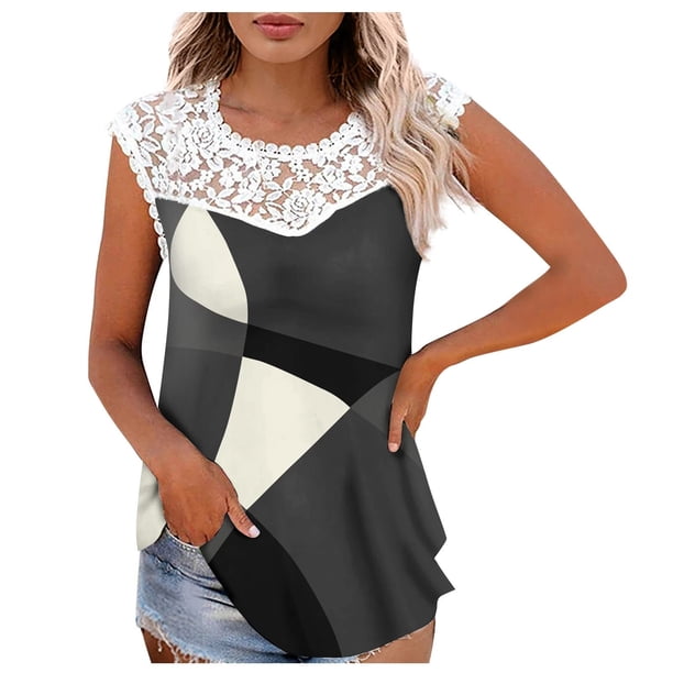 Camiseta sin mangas de encaje con estampado de mujer Camiseta sin mangas de empalme de cuello redondo Camiseta ligera y cómoda delgada OAVQHLG3B Store lin121212