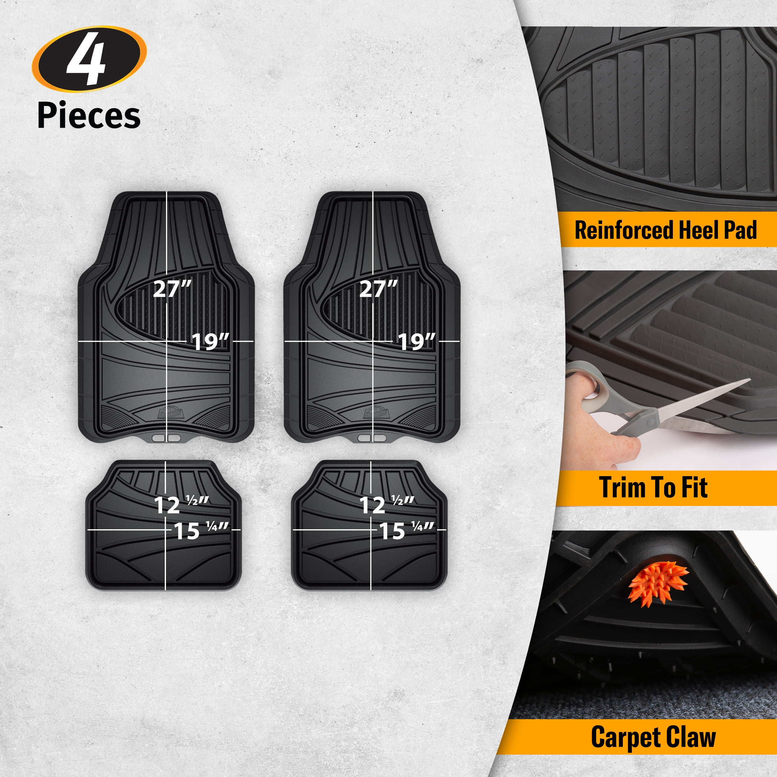 Armor All 4-Piece Black Rubber Car, Truck, SUV Floor Mats, All Weather Protection, Auto, Universal, Custom, Set, Front, Back