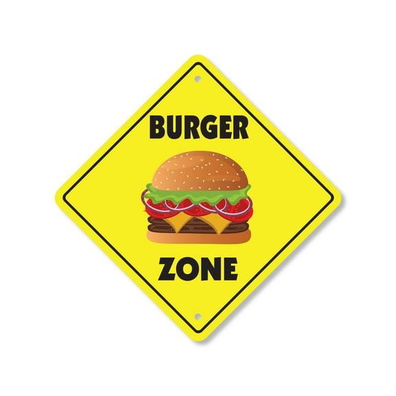Burger Plastic Crossing Sign - 12 Inch X 12 Inch Xing Sign Gift Food Fast Casual Grill Beef Cheese Meal Fries Barbecue American Lunch