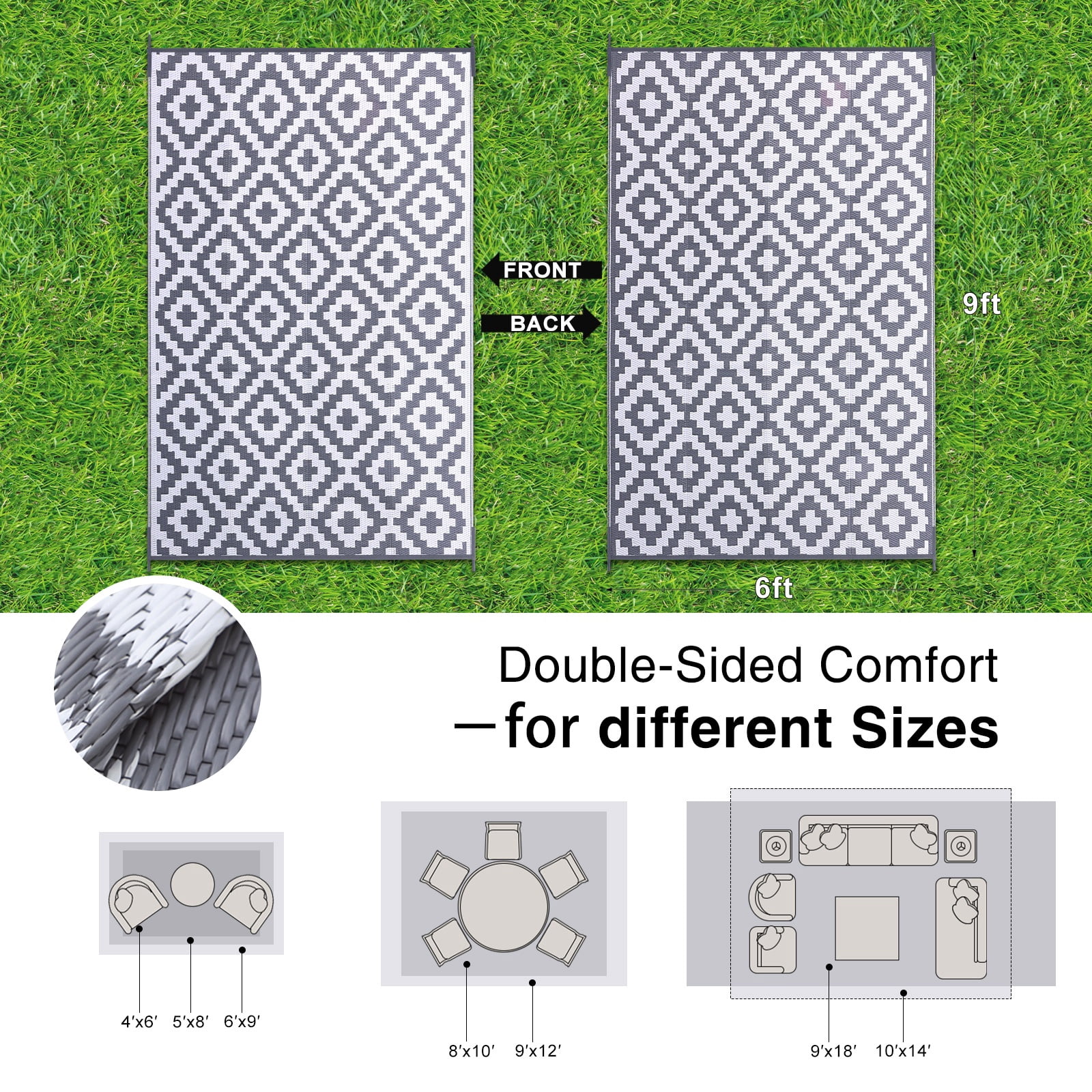 Smiry Outdoor Rug 6x9, Waterproof Reversible Plastic Outdoor Mat, Indoor Outdoor Rugs for Patio, RV, Deck, Porch, Grey & White