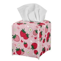 Psesaysky Fashion Tissue Box Holder - Square PU Leather Tissues Cube Box Cover Waterproof -Cartoon Srawberry Decorative Car Facial Tissue Holder on Table and Barthroom