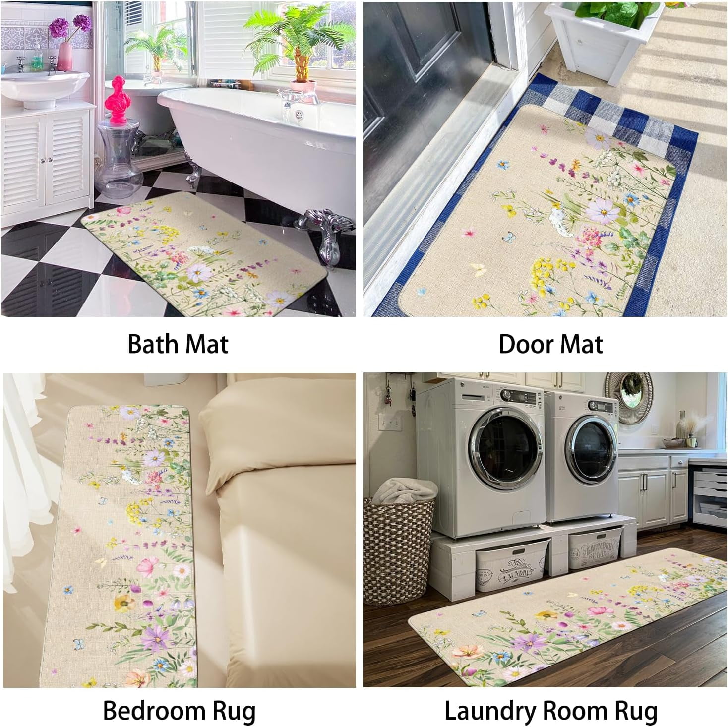 Spring Summer Farmhouse Kitchen Rugs and Mats Set of 2,Watercolor Flower Floral Kitchen Mat,Non Slip Washable Kitchen Floor Sink Mats Decorations for Home Kitchen 18"x48"+18"x30"