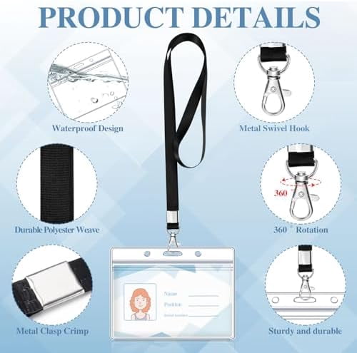 50 Pack Name Tag Lanyards with Id Holder, Clear Plastic Horizontal Name Tags Holders and Black Badge Lanyards with ID Holder for School Office Team Workers Volunteers (Black)