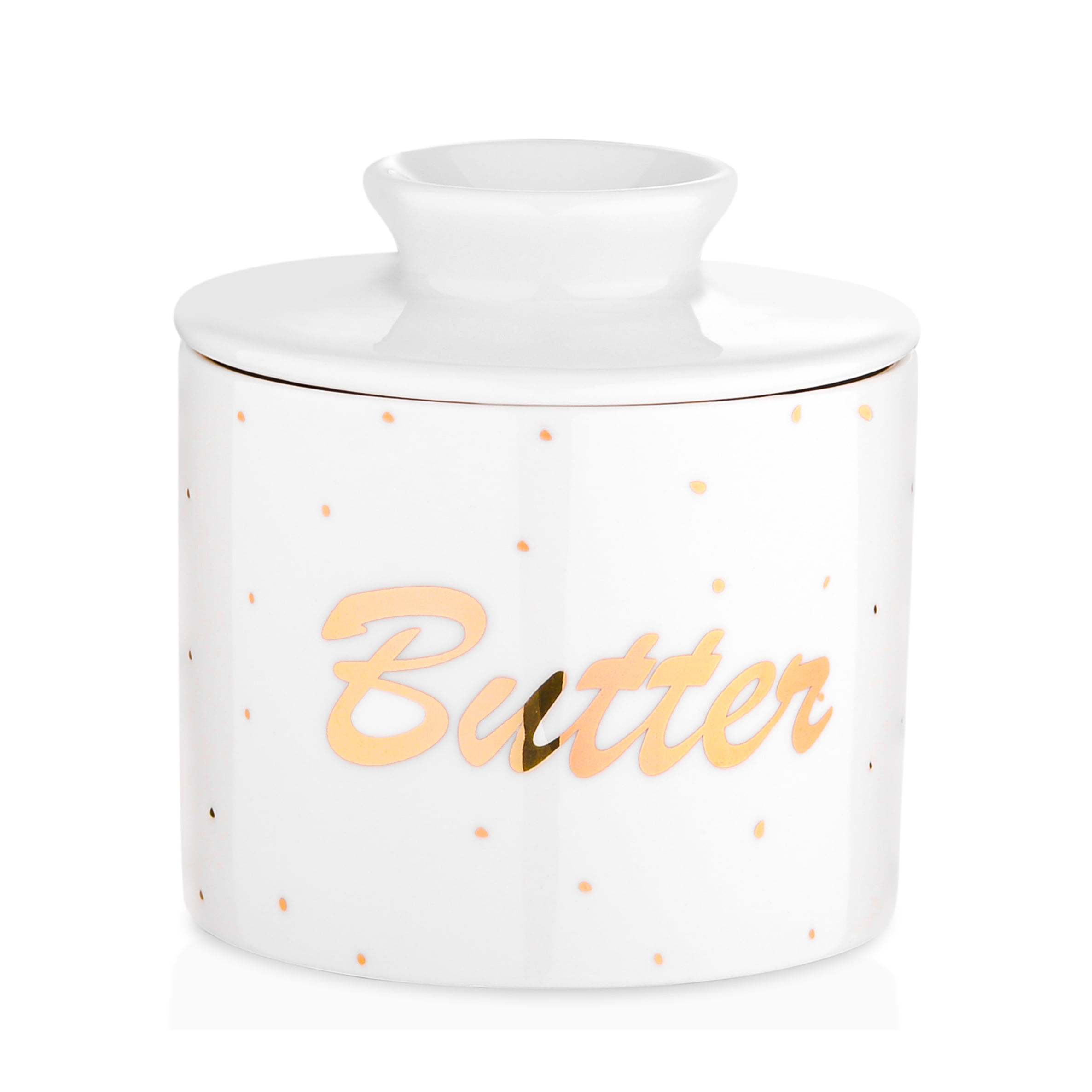 Perfect for East/West Butter LOVECASA Porcelain Butter Keeper Crock Mess Free Butter Keeper for Countertop Airtight Large French Butter Dish with Lid Gold 