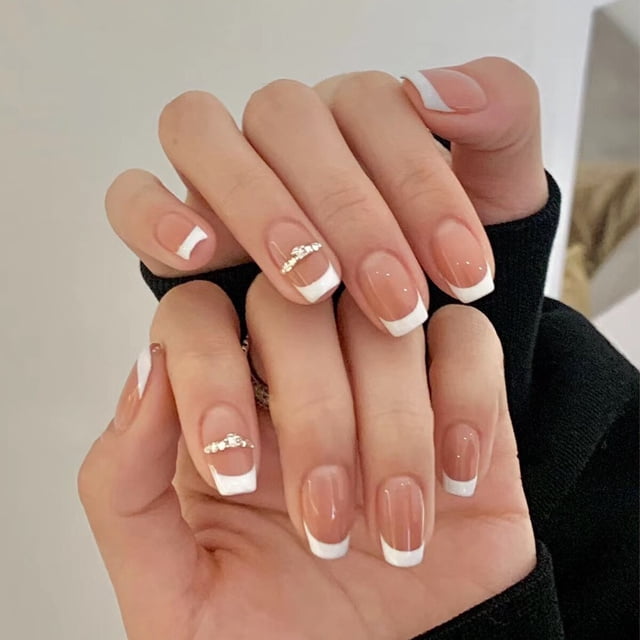 Uñas postizas de cobertura completa, Uñas postizas con purpurina rosa, uñas cortas francesas portátiles, Cabeza Cuadrada, herramienta de manicura