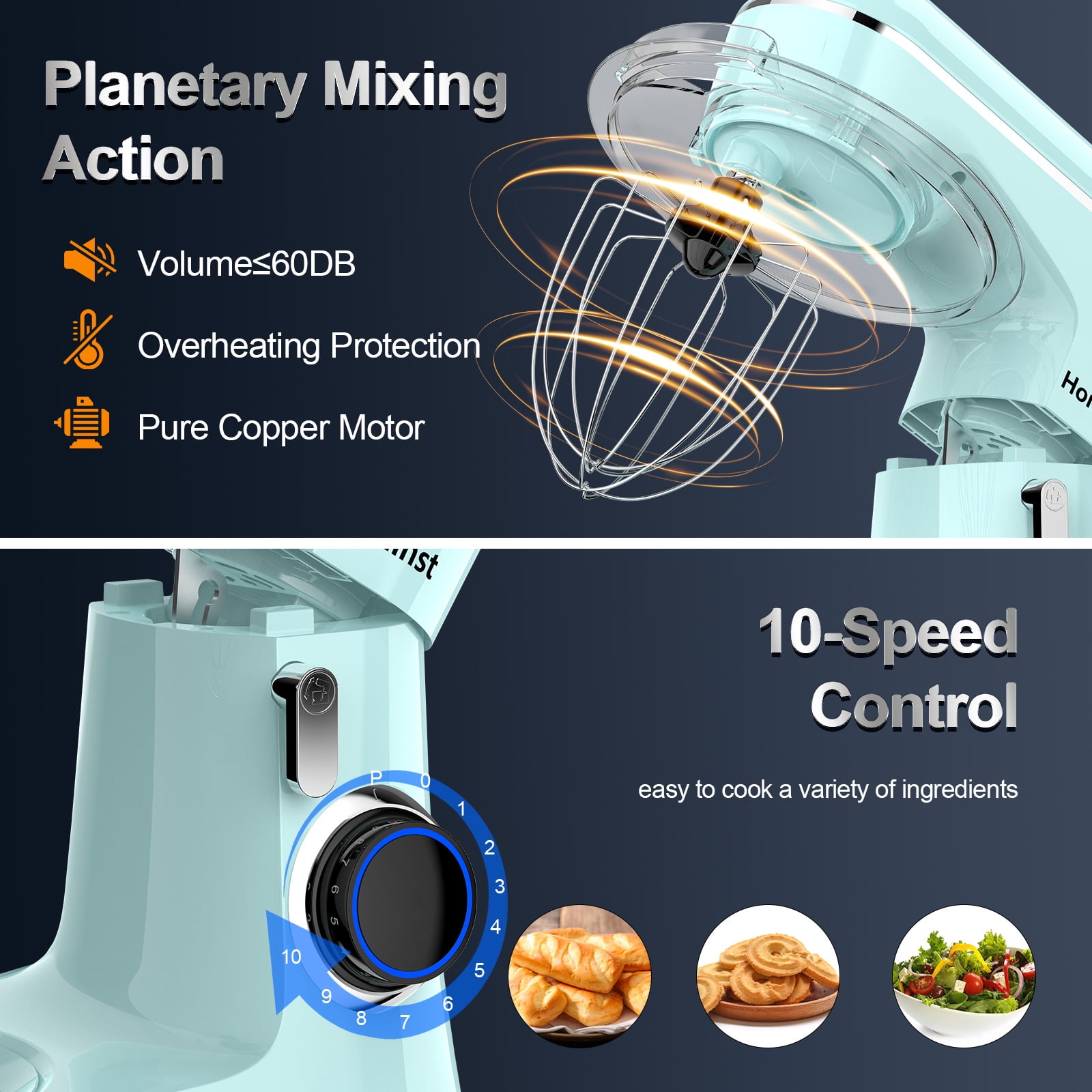 Honinst 6.5 QT Electric Stand Mixer, 10+P Speeds Lightweight with Tilt-Head Kitchen Stand Mixer, Dough Hook, Whisk, Beater and Bowl, Food Mixer for Baking, Cake and Most Home Cooks