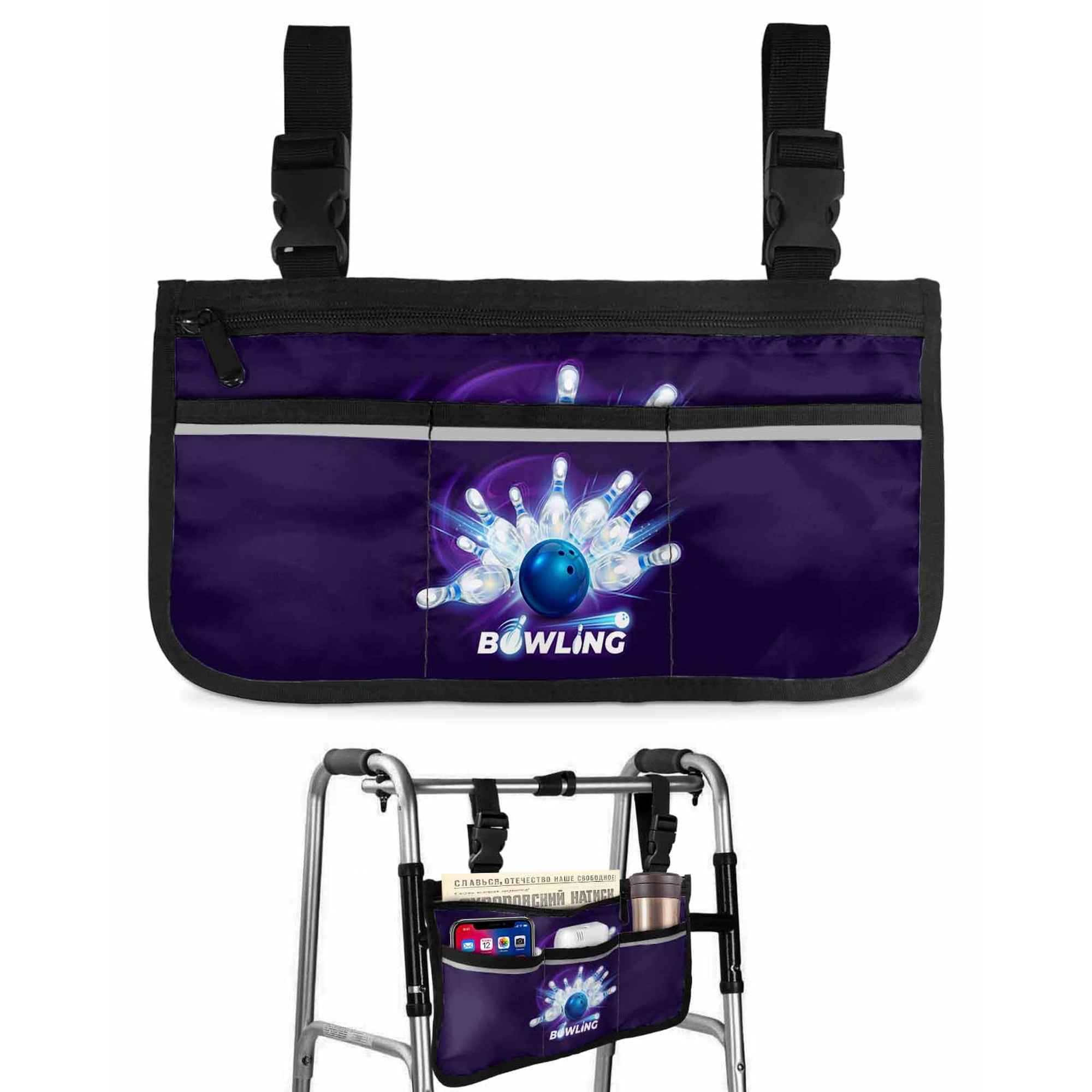 Bowling Balls Wheelchair Side Bag with Cup Holder, Abstract Blue Bowling Ball Bottles Purple Wheelchair Armrest Bag Storage Pouch Adults, Seniors for Walkers, Rollator, Scooter