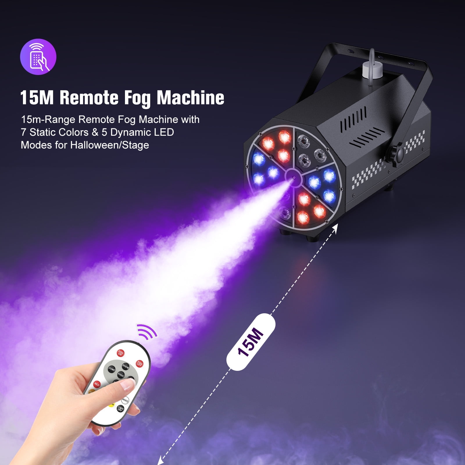 Fog Machine 1000W with 18-Color LED Lights and Remote, 300ml Smoke Fogger for Parties, DJ Stage, Indoor Outdoor Use