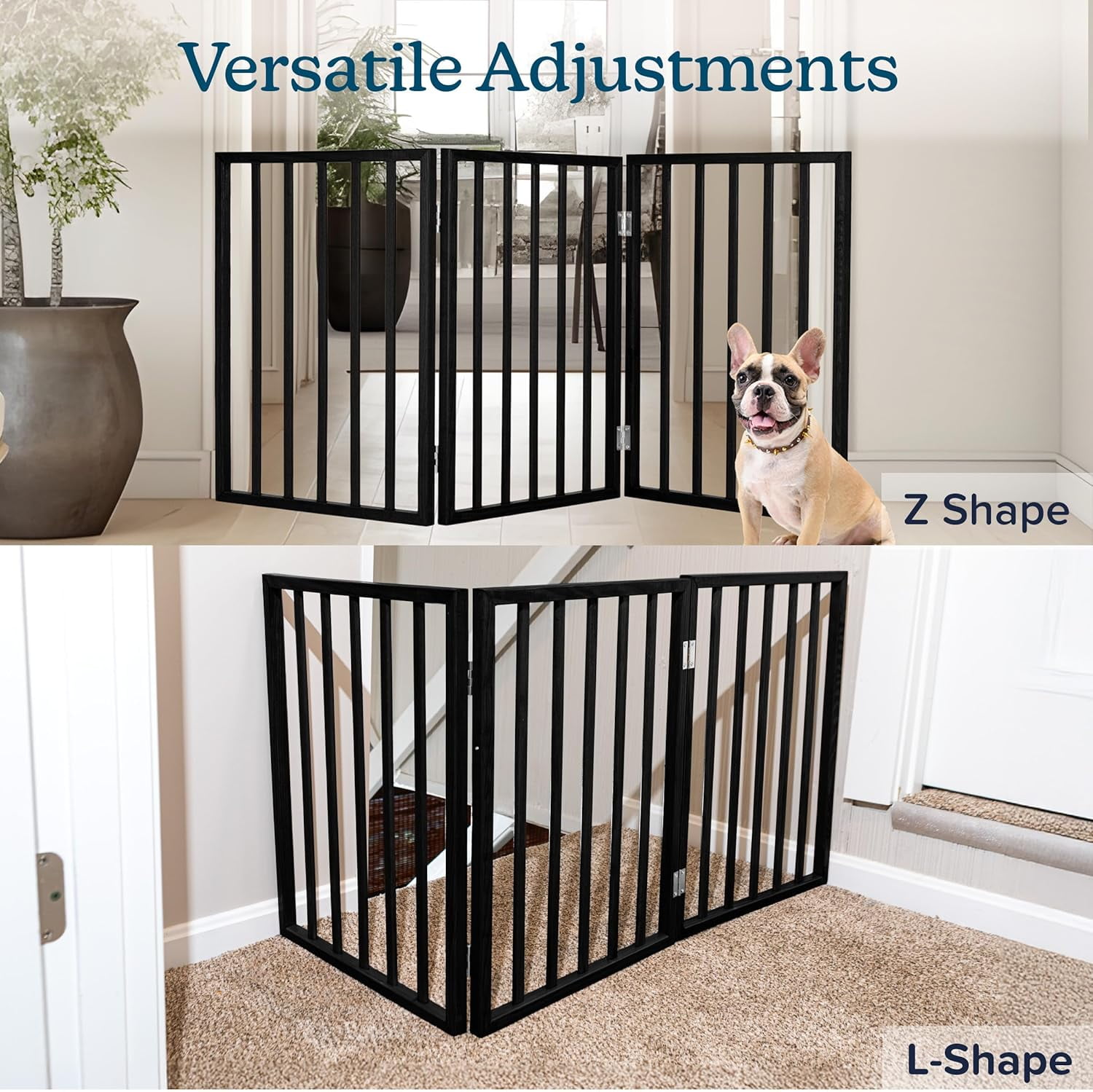 Foldable Indoor Dog Gate with 4 Panels for Stairs, Hallways, or Doorways - 72x24-Inch Retractable Wood Freestanding Pet Barrier (Gray)
