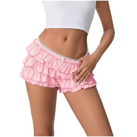 Arnsht Women Lolita Bloomers Cute Ruffle Shorts Lace Elastic Waist Casual Pants Fashion Boyshorts Layered Bottoms Y2k Sweet Pettipants Pink S
