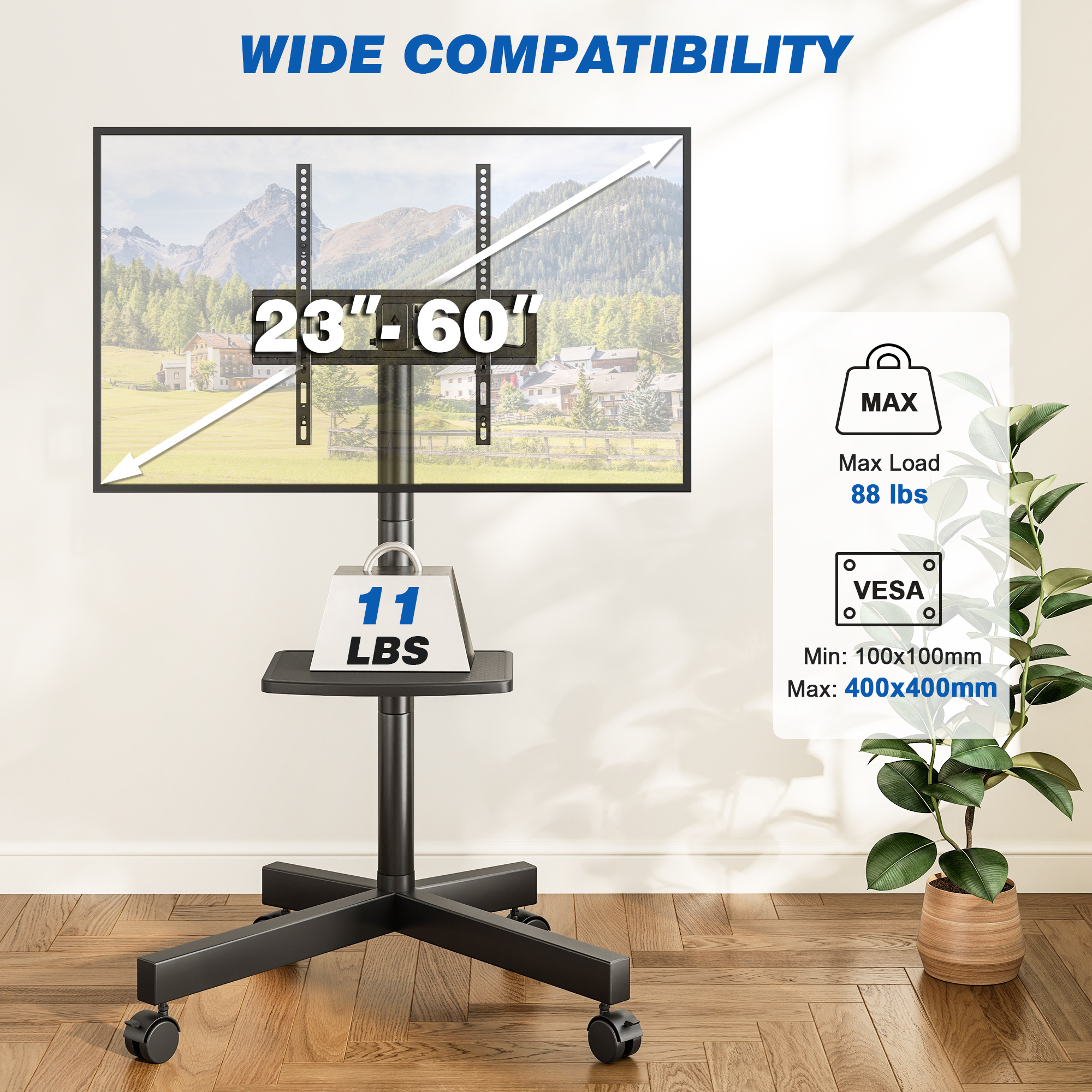 RTVR Modern Rolling TV Stand with Shelf for 23-60 inch TVs photo 8