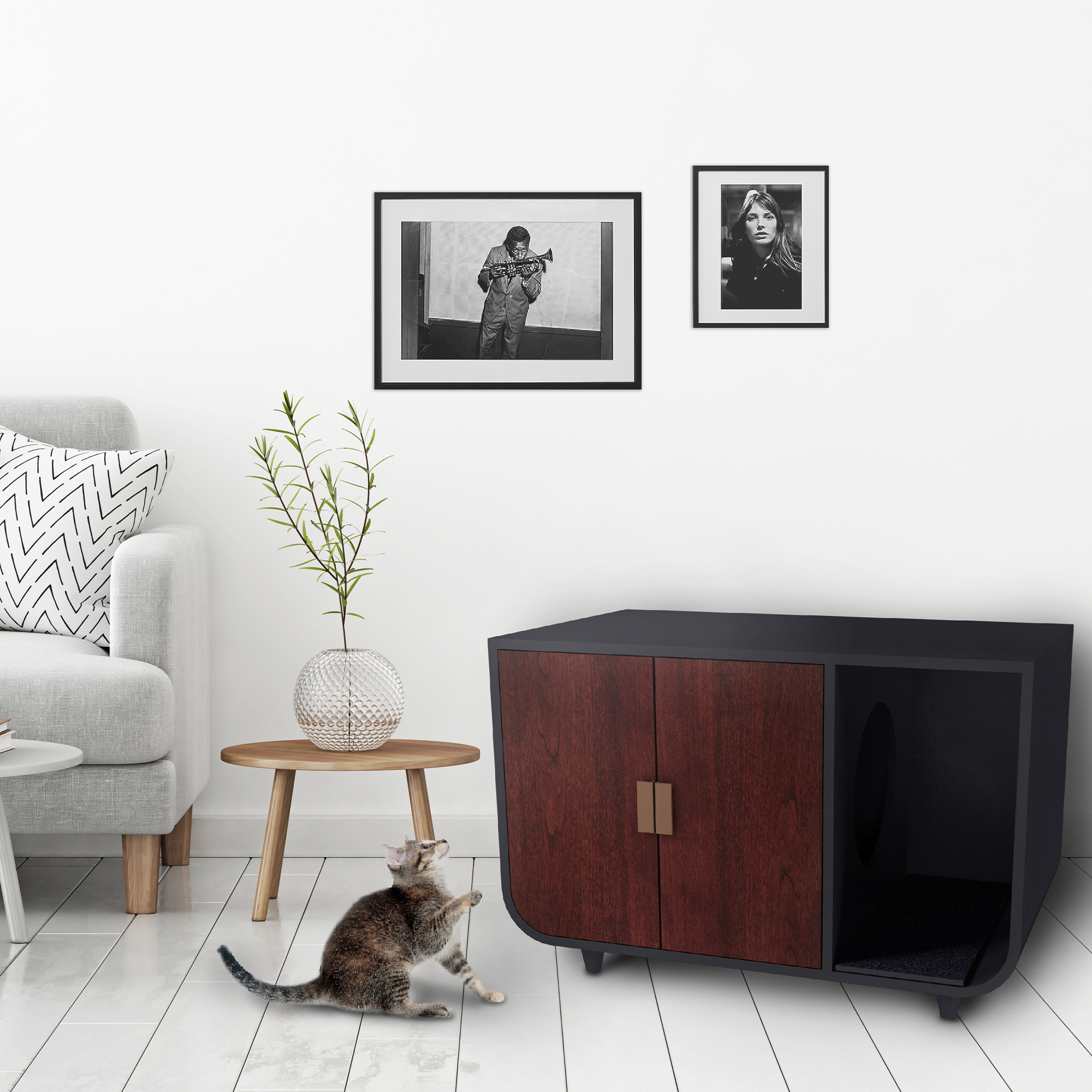 Teamson Pets Wooden Cat Washroom Litter Box Enclosure Furniture and End Table- Mocha Walnut-large
