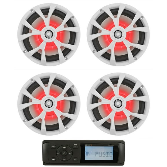 MB Quart MDR2.0 1-Din Marine/Boat Bluetooth Receiver (4) 8" White LED Speakers