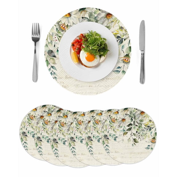 White Daisy Round 15 Inch Placemats Set of 6, Spring Floral Eucalyptus Leaves Summer Botanical HeatResistant Non Slip Place Mats for Dining Table, Wipeable Braided Kitchen Table Mats for Housewarming