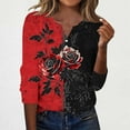 thumbnail image 6 of Women's Rose Shirt Casual V-Neck Pullovers Button Up Long Sleeve Top with Contrast Red Black Pattern Trendy Loose Fit Blouse for 2025 Autumn Daily Wear & Casual Outfits, 6 of 6