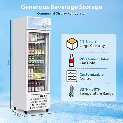 Kojooin Commercial Merchandiser Refrigerator,Beverage Refrigerator Cooler,Glass Door Display Refrigerator Upright Fridge,White