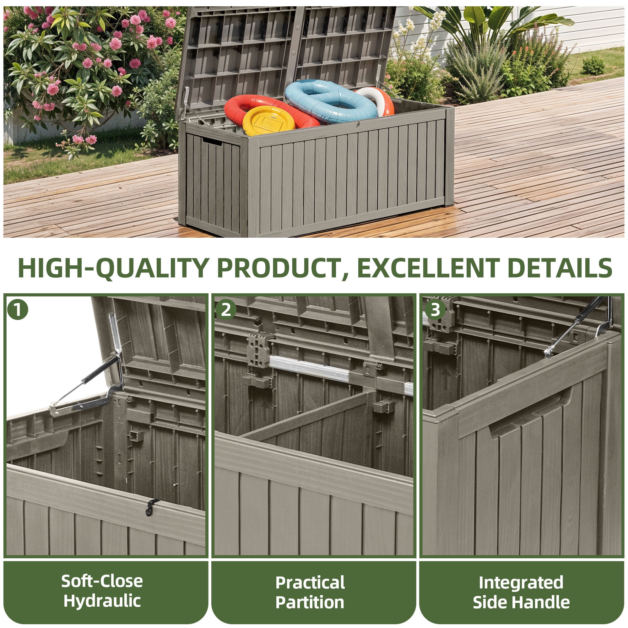 Uforic 150 Gallon Large Outdoor Deck Box, Waterproof Resin Storage with Divider, Lockable, for Patio Cushions Garden Tools Pool Supplies, Light Brown